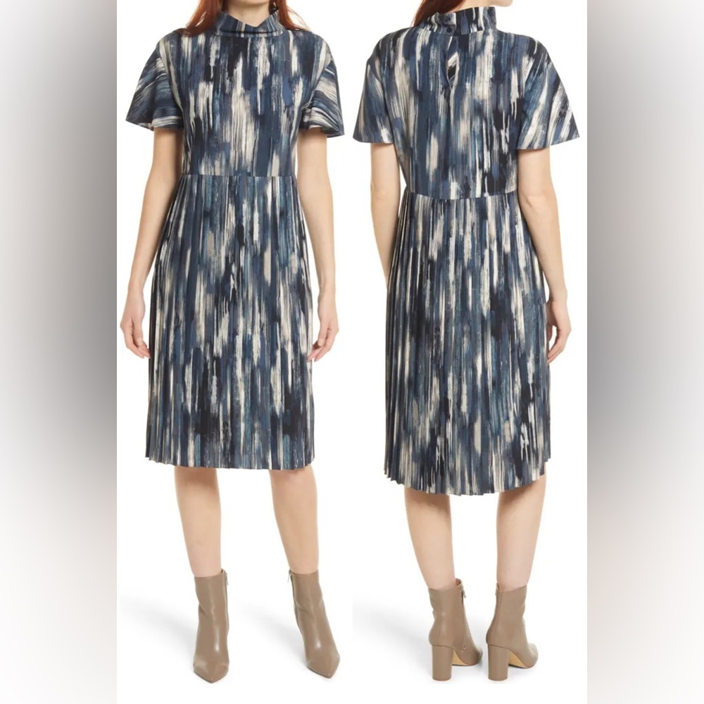 Nordstrom Black Shift Dress - Mock Collar Short Sleeve Pleated Midi